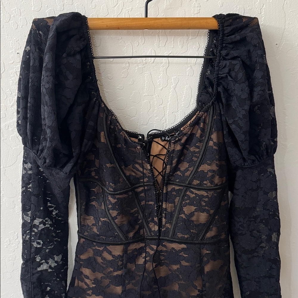 For Love and Lemons Dress Violetta Lace Up Mini Puff Sleeve Black Lace XS - Picture 5 of 8